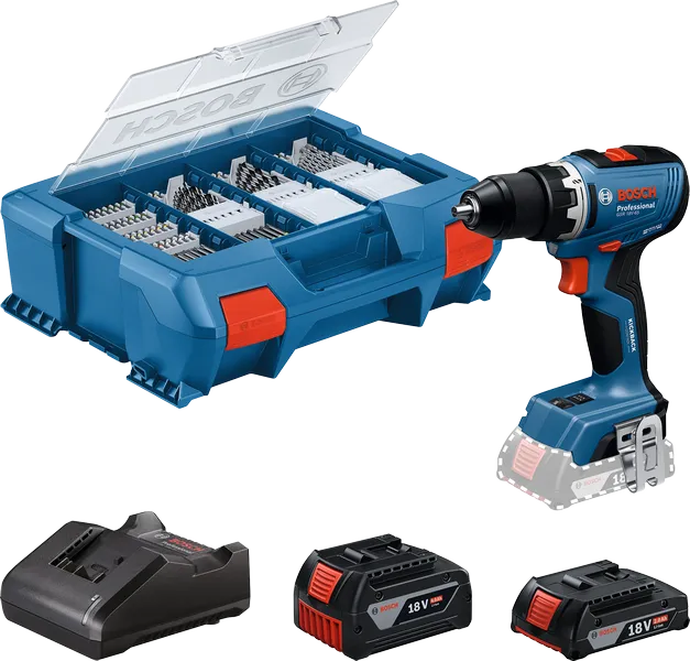 Set de burghiu Bosch GSR 18V-65 cu cutie și baterii.
