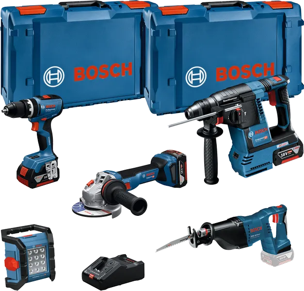 Trusă combinată Bosch cu 5 scule de 18V, cu cutii și încărcător.