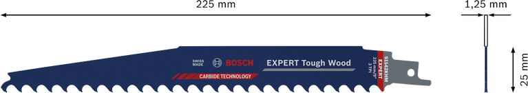 Lamă de ferăstrău Bosch EXPERT Tough Wood cu vârf din carbură de 225 mm.