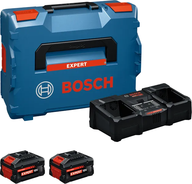 Set de început Bosch cu geantă L-BOXX, încărcător și două baterii de 18V.