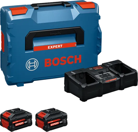 Set de început Bosch cu geantă L-BOXX, încărcător și două baterii de 18V.