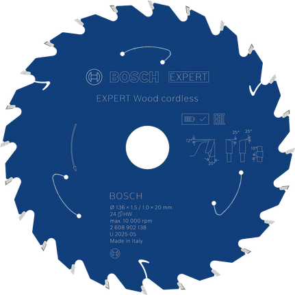 Lamă de ferăstrău circular fără fir Bosch EXPERT Wood 136 mm T24.