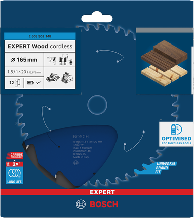 Lamă de ferăstrău circular fără fir Bosch EXPERT Wood 165 mm T12.