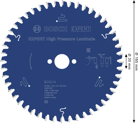 Lamă de ferăstrău circular Bosch EXPERT pentru laminat de înaltă presiune, 165 mm.