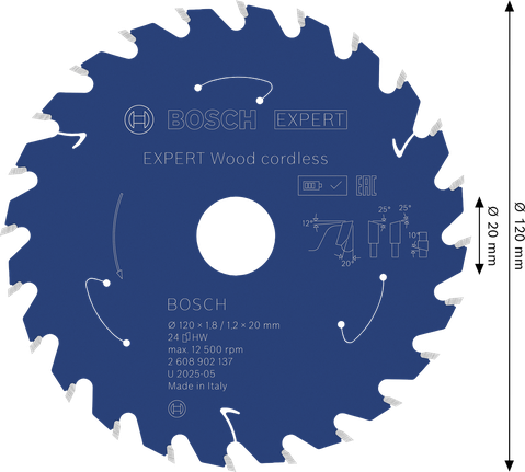 Lamă de ferăstrău circular fără fir Bosch EXPERT Wood, diametru 120 mm.