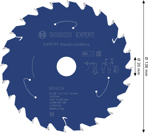 Lamă de ferăstrău circular fără fir Bosch EXPERT Wood, 136 mm 24 dinți.