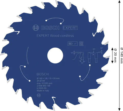 Lamă de ferăstrău circular fără fir Bosch EXPERT Wood, 140 mm, 24 de dinți.
