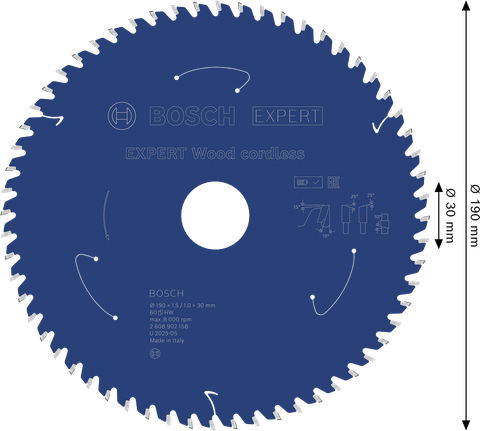Lamă de ferăstrău circular fără fir Bosch EXPERT Wood, diametru 190 mm.
