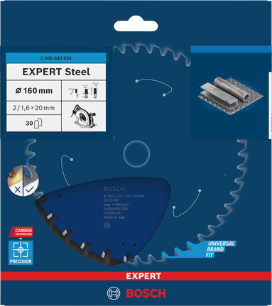 Lamă de ferăstrău circular Bosch EXPERT Steel 160 mm pentru tăierea metalului.