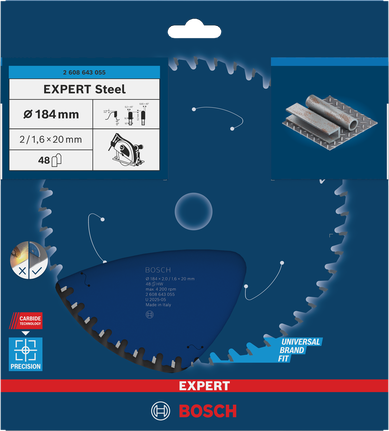 Lamă de ferăstrău circular Bosch EXPERT Steel 184 mm T48 pentru tăierea metalului.