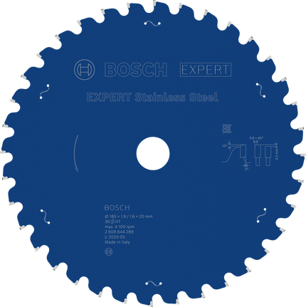 Lamă de ferăstrău circular Bosch EXPERT din oțel inoxidabil, diametru 185 mm.