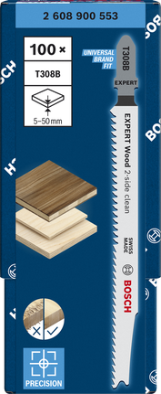 Pachet de lame de fierăstrău vertical Bosch EXPERT Wood T308B, curățare pe 2 fețe.