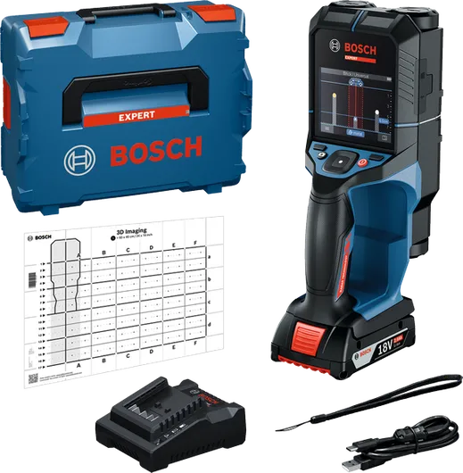 Scaner de perete Bosch D-tect 18V-200 cu husă și încărcător.
