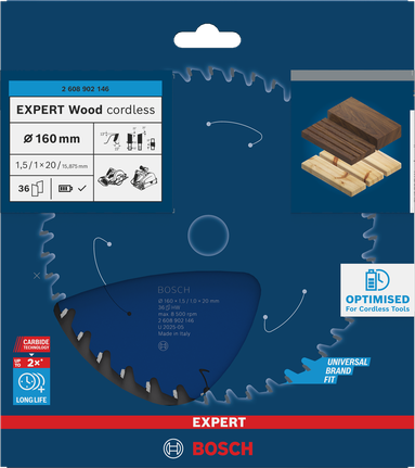 Lamă de ferăstrău circular fără fir Bosch EXPERT Wood, 160 mm.