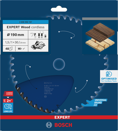 Lamă de ferăstrău circular fără fir Bosch EXPERT Wood 190 mm pentru tăieri curate din lemn.