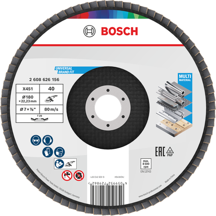 Disc lamelar Bosch X451 180 mm G40 pentru șlefuirea mai multor materiale.