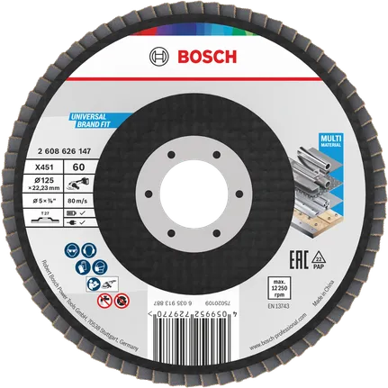 Disc lamelar Bosch X451 125 mm G60 pentru șlefuirea mai multor materiale.