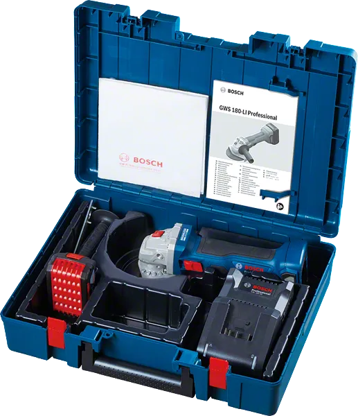 Комплет угаоне брусилице Bosch GWS 180-LI са додатном опремом.