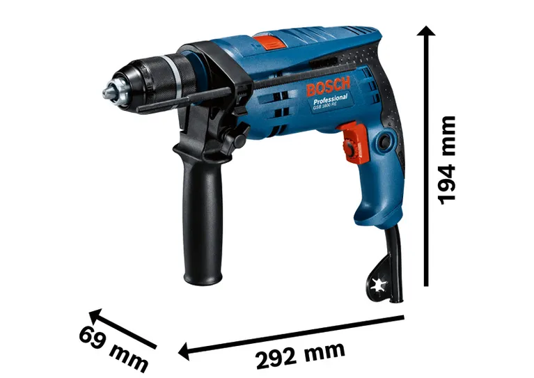 Bosch GSB 1600 RE ударна бушилица са димензијама величине.