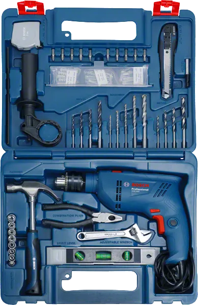 Комплет бушилица Bosch GSB 600 са прибором у торби за ношење.