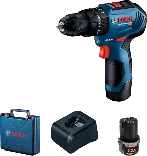Bosch GSB 12V-30 акумулаторска бушилица са кућиштем и батеријом.