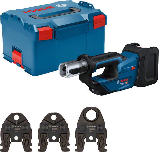 Bosch 18V-19 акумулаторски алат за пресовање са футролом и чељустима за пресовање.