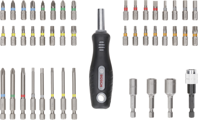 Bosch сет битова за одвијач екстра тврде боје, 44+1 делова са дршком.