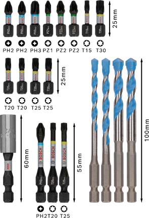 Bosch PRO Impact мешовити сет од 20 делова са битовима за одвијач и бургијама.