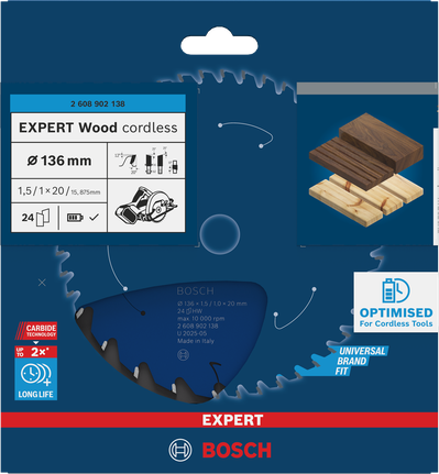 Bosch EXPERT Wood акумулаторска кружна тестера, лист Т24, 136 мм.