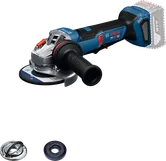 Bosch GWS18V-11PS акумулаторска угаона брусилица са додатном опремом.