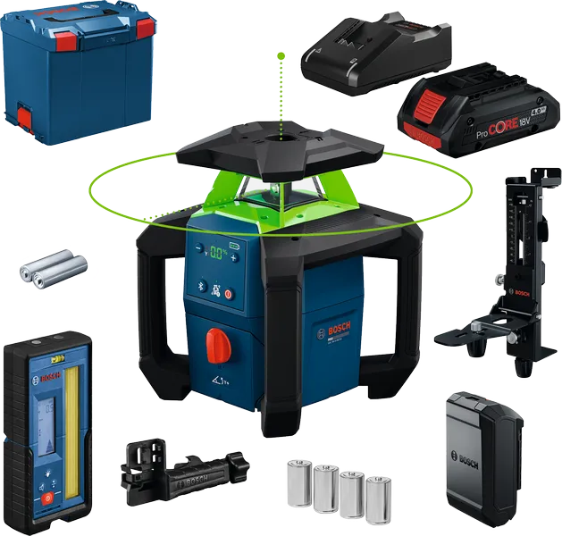 Bosch ГРЛ18В-4-34ЦВГ ласерски нивелир са додатном опремом.