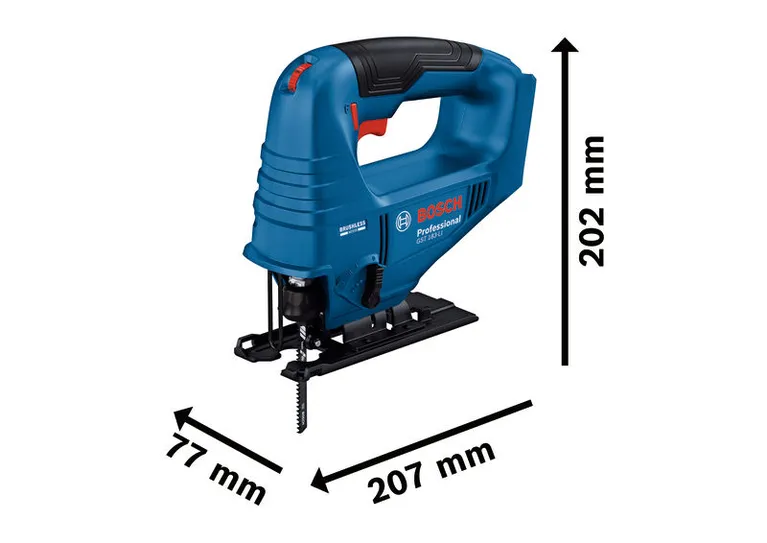 Bosch GST 183-LI акумулаторска убодна тестера са приказаним димензијама.