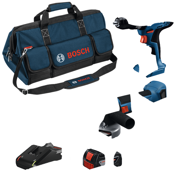 Bosch 18В комбиновани комплет са бушилицом, угаоном брусилицом, батеријом, пуњачем и торбом.