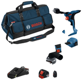 Bosch 18В комбиновани комплет са бушилицом, угаоном брусилицом, батеријом, пуњачем и торбом.