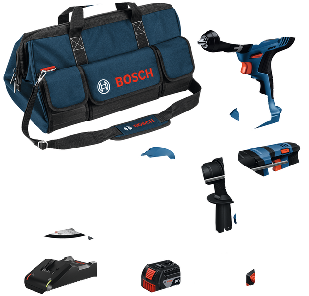 Bosch комбиновани комплет са бушилицом, ротационим чекићем, угаоном брусилицом, пуњачем и торбом.