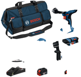 Bosch комбиновани комплет са бушилицом, ротационим чекићем, угаоном брусилицом, пуњачем и торбом.