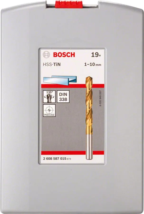 مجموعة رؤوس مثقاب معدنية من Bosch مكونة من 19 قطعة من الفولاذ عالي السرعة والتيتانيوم، مقاس 1-10 مم.