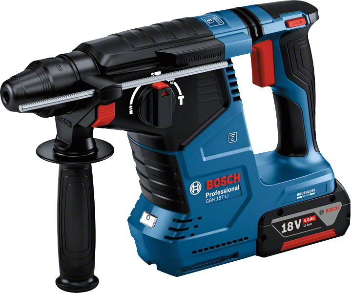 مطرقة دوارة لاسلكية من Bosch GBH 187-LI، 18 فولت 5.0 أمبير/ساعة.