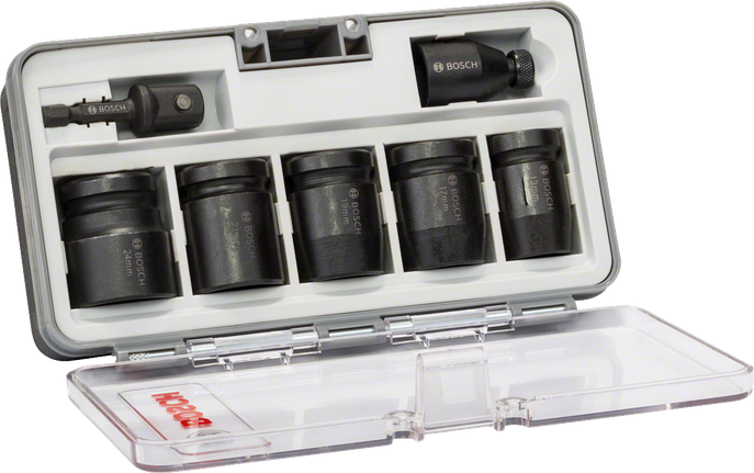 Bosch 7-piece socket set 13-24 mm in storage case.