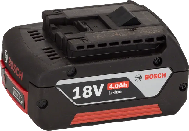 Bosch 18V 4.0Ah Li-Ion slide-in battery pack.