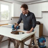 A person wearing safety equipment cuts a circular hole in a countertop with a cordless jigsaw.