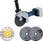 Bosch GWS 18V-180 P angle grinder with three cutting discs.