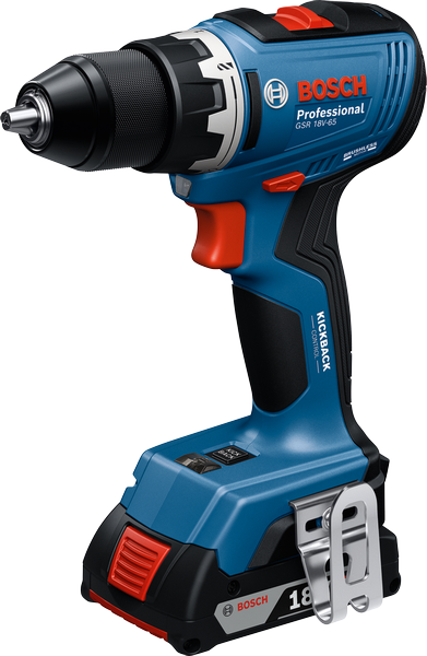 Bosch GSR 18V-65 cordless drill with 2Ah battery.