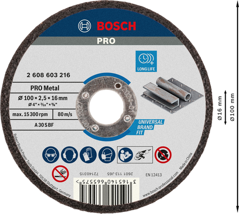 Bosch PRO Metal Bonded Cutting Disc 100 x 2.5 x 16 mm.