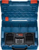 Bosch dual 18V battery charger in blue storage case.