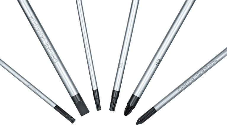 A set of various screwdriver bits arranged in a fan shape.