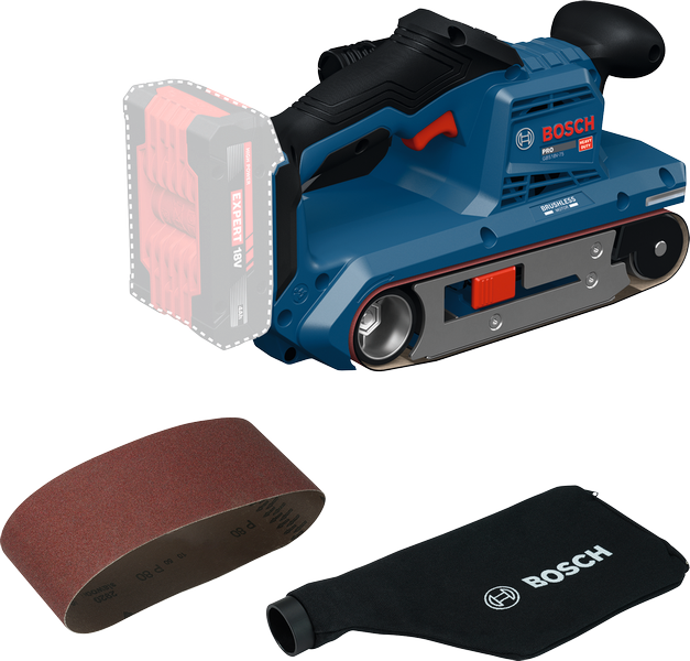 Bosch GBS 18V-75 cordless belt sander with sanding belt and dust bag.