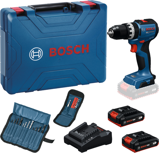 Bosch GSB 18V-52 cordless drill set with accessories.