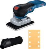 Bosch GSS 18V-13 cordless orbital sander with filter and sanding sheet.