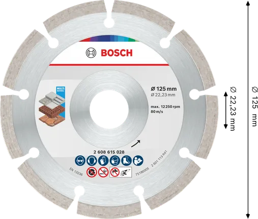 Bosch Multi Material Diamond Cutting Disc 125 mm for various surfaces.